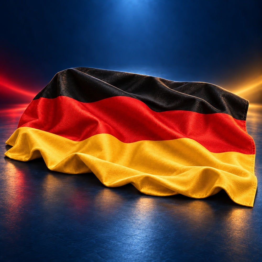 Deutschlandfahne in Schwarz-Rot-Gold, gewellter Stoff auf dunklem Untergrund